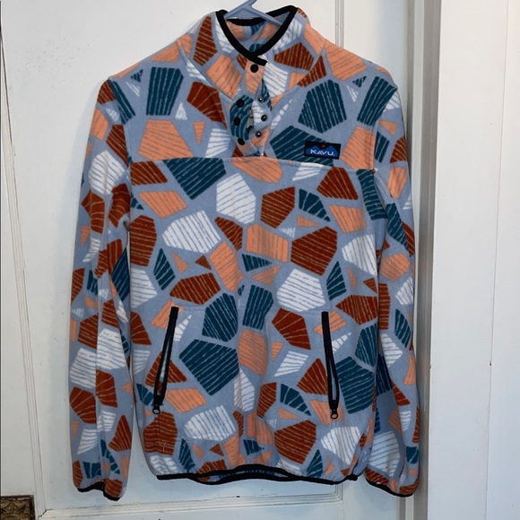 Kavu Tops - Kavu Geometric Fleece Pullover in Light Blue, Teal & Rust